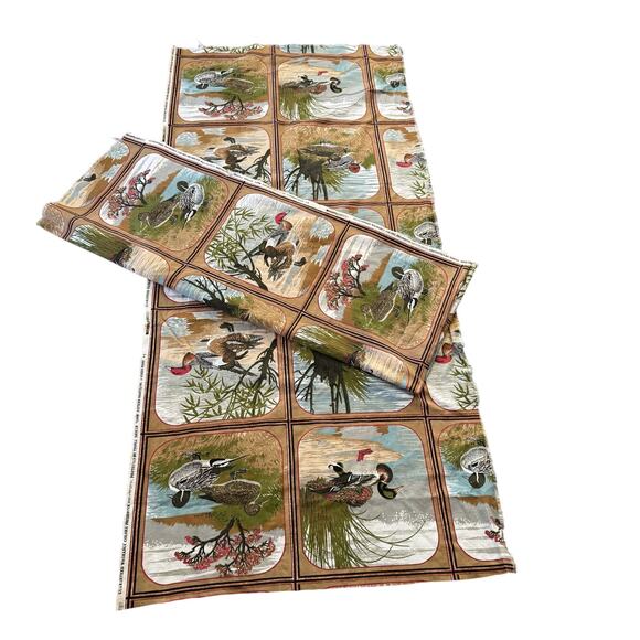 Vintage 70s Screen Printed Ducks Panel Fabric 21 Blocks Quilting Sewing Remnants - Picture 1 of 9